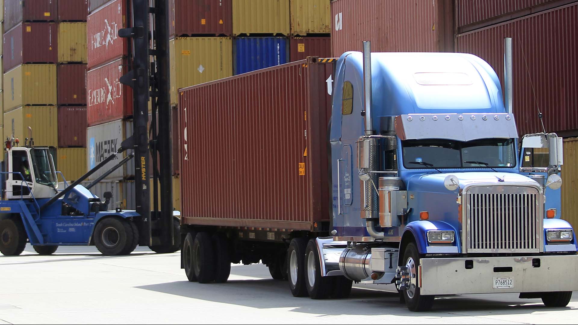 A truck delivers a container at Greer Inland Port in 2021.
