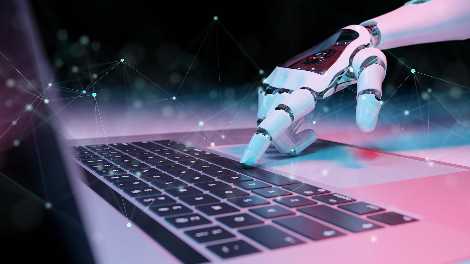 Robotic hand pressing a keyboard on a laptop 3D rendering